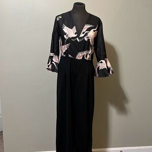 Vintage Women's Black Crane Print Bell Sleeve Jumpsuit